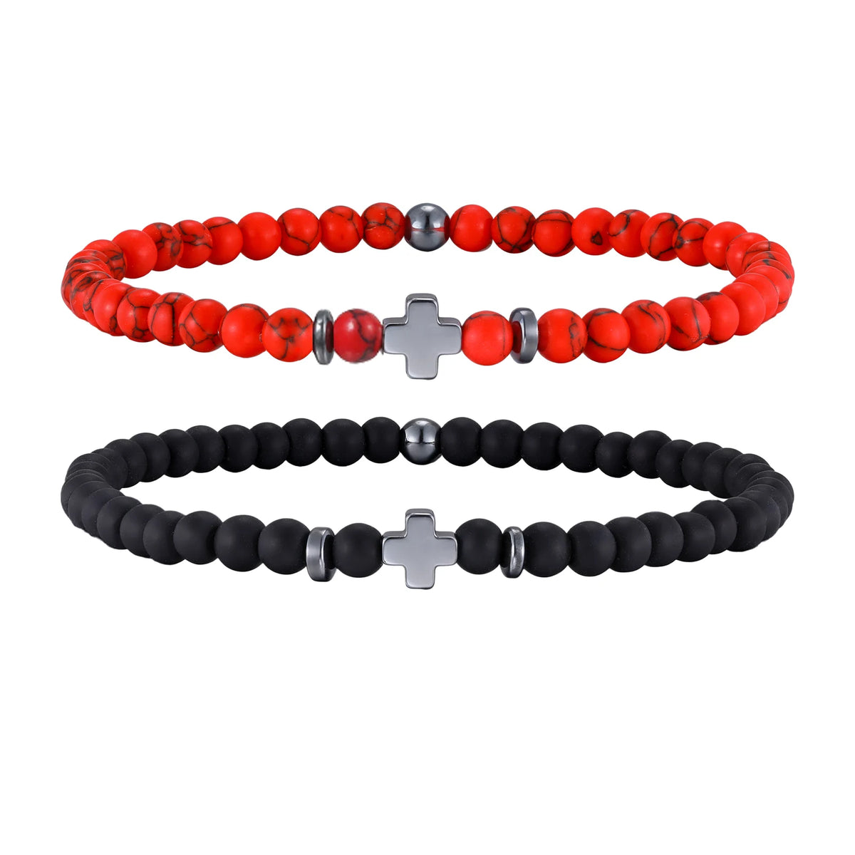 Gallstone Cross Beaded Bracelet for Men Boys,4mm Red Pine Stone Black Onyx Elastic Wristband,Simple Stackable Jewelry
