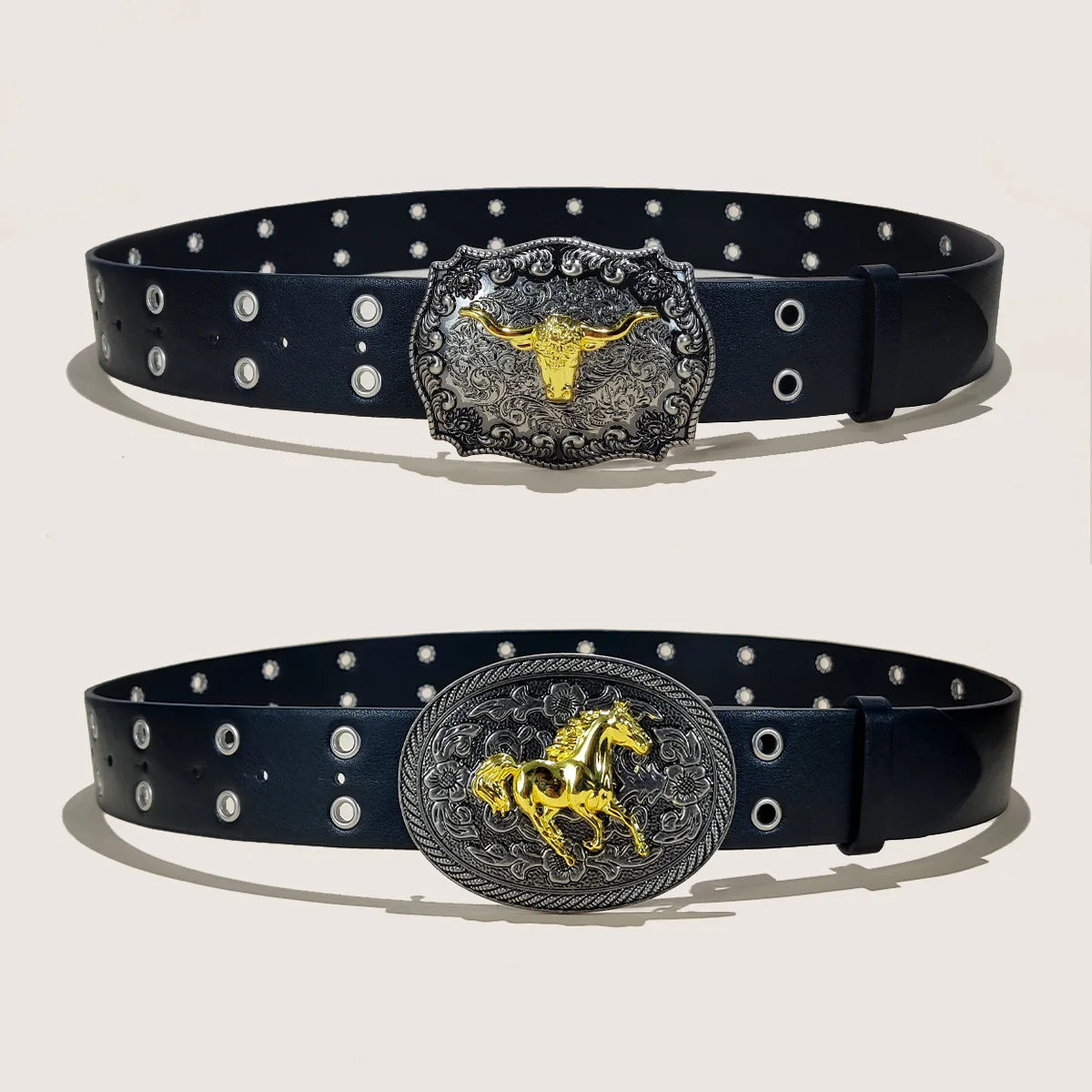 Unisex Western Cowboy PU Leather Belt For Men and Women Waist Strap Bull Horse Decoration Jeans Belt Rivet Gothic Waistband Male