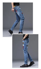 Spring Summer White Hot Drill Ripped Cowboy Korean Style Streetwear Men Washed Luxury Holes Slim Hip-hop Stylish Jeans Trousers