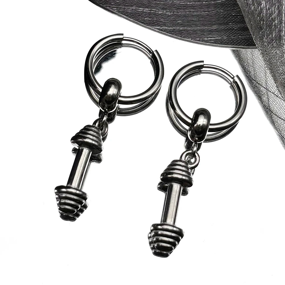 Hiphop Dumbbell Man Earhoop Women Men Stainless Steel Silver Color Sports Style Punk Emo New Design Dangle Earrings Jewelry