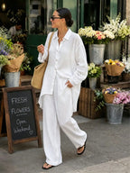 Women's White Linen Two-piece Set，Loose-fitting Turtleneck Low-waisted Button-down Shirt and Wide-leg Trousers; Casual Beach Cover-up and Street Style