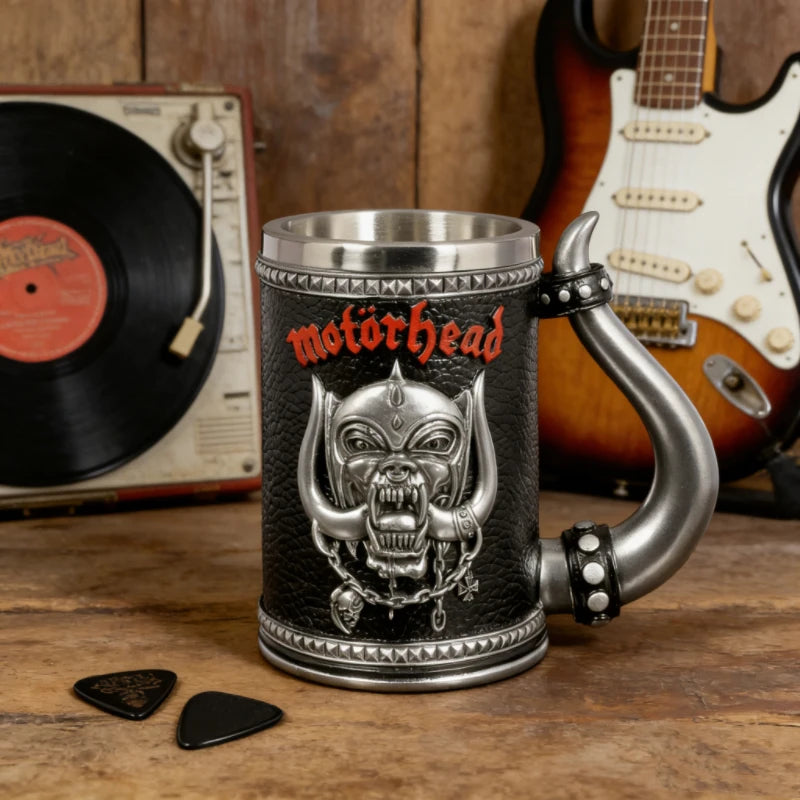 Gothic Rock Collectible Mug Hand-Polished 3D Embossed Skull, Stainless Steel Inner Unique Horn Handle Heavy Metal  Coffee Cup