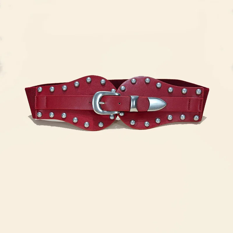 Retro Ladies Pu Leather Corset Belt Gothic Style Elastic Rivet Cummerbund Tie Rope Punk Accessory for Women Shirt Dress Belt