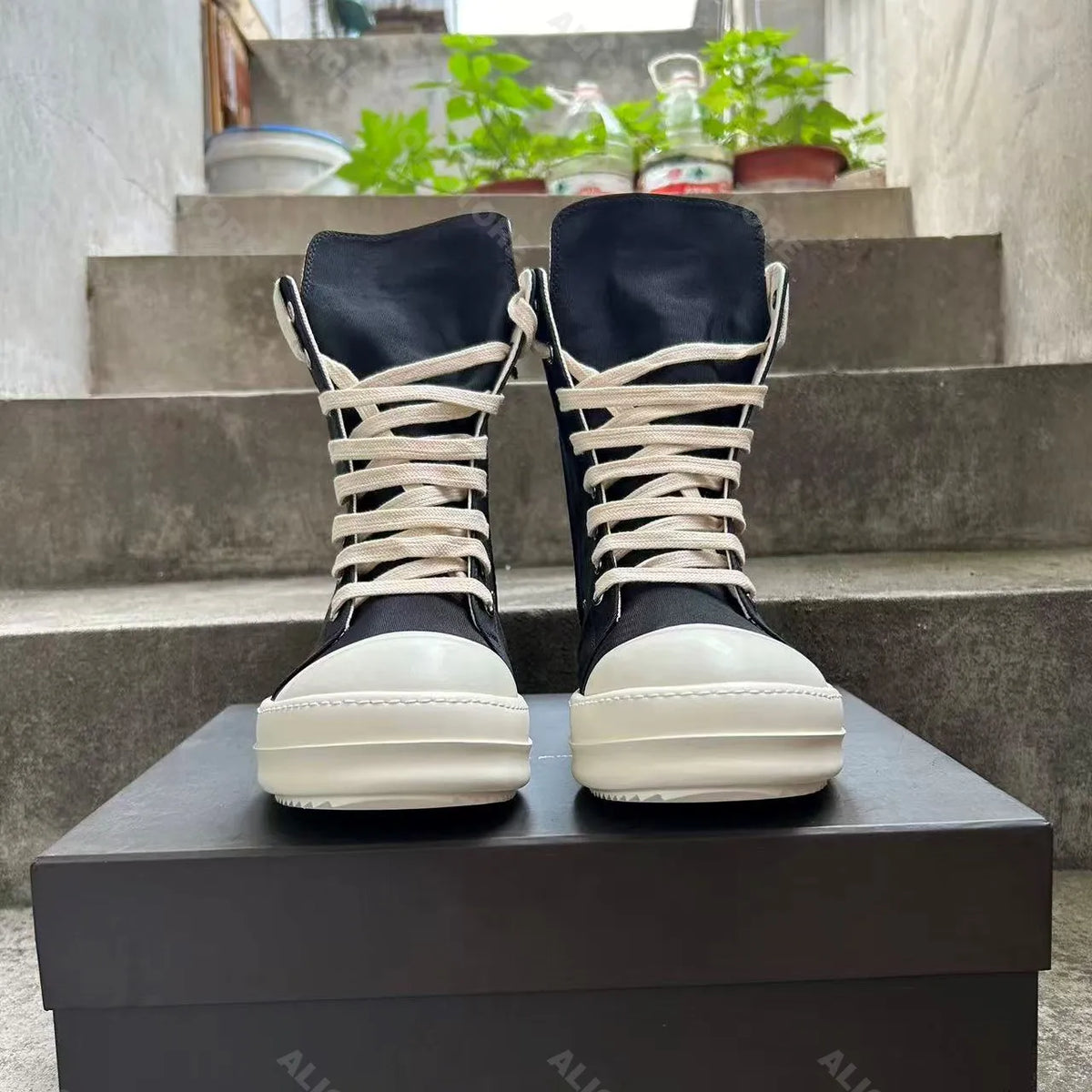 PENDRA Satin Eclipse Black Canvas High-Top Zip Lace-Up Platform Shoes