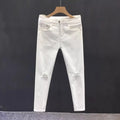 Man Luxury Clothing Men's White Ripped Jeans Spring Summer Slim Skinny Pants Korean Trendy Stretch Casual Fashion Cropped Pants