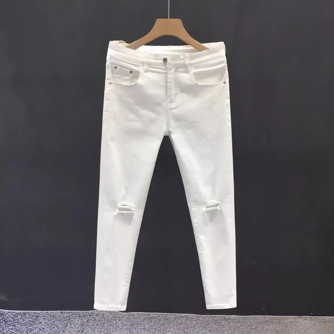 Man Luxury Clothing Men's White Ripped Jeans Spring Summer Slim Skinny Pants Korean Trendy Stretch Casual Fashion Cropped Pants
