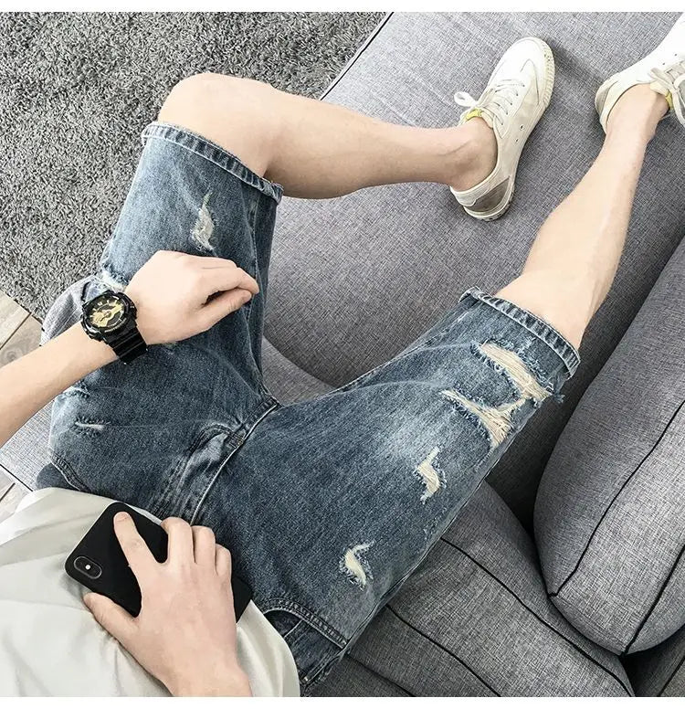 PENDRA Denim Washed Distressed Pants