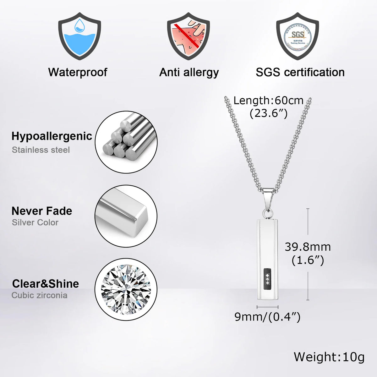 Geometric Vertical Bar Pendant Necklaces for Men Boys,Stainless Steel Necklace with 60CM Box Chain,Stylish Hiphop Jewelry Gifts