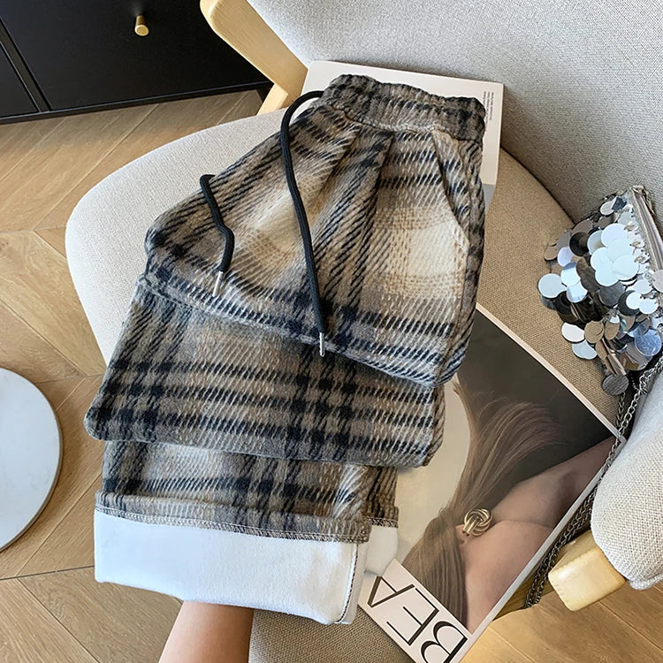 PENDRA Plaid Woolen Elastic Waist Wide Leg Pants