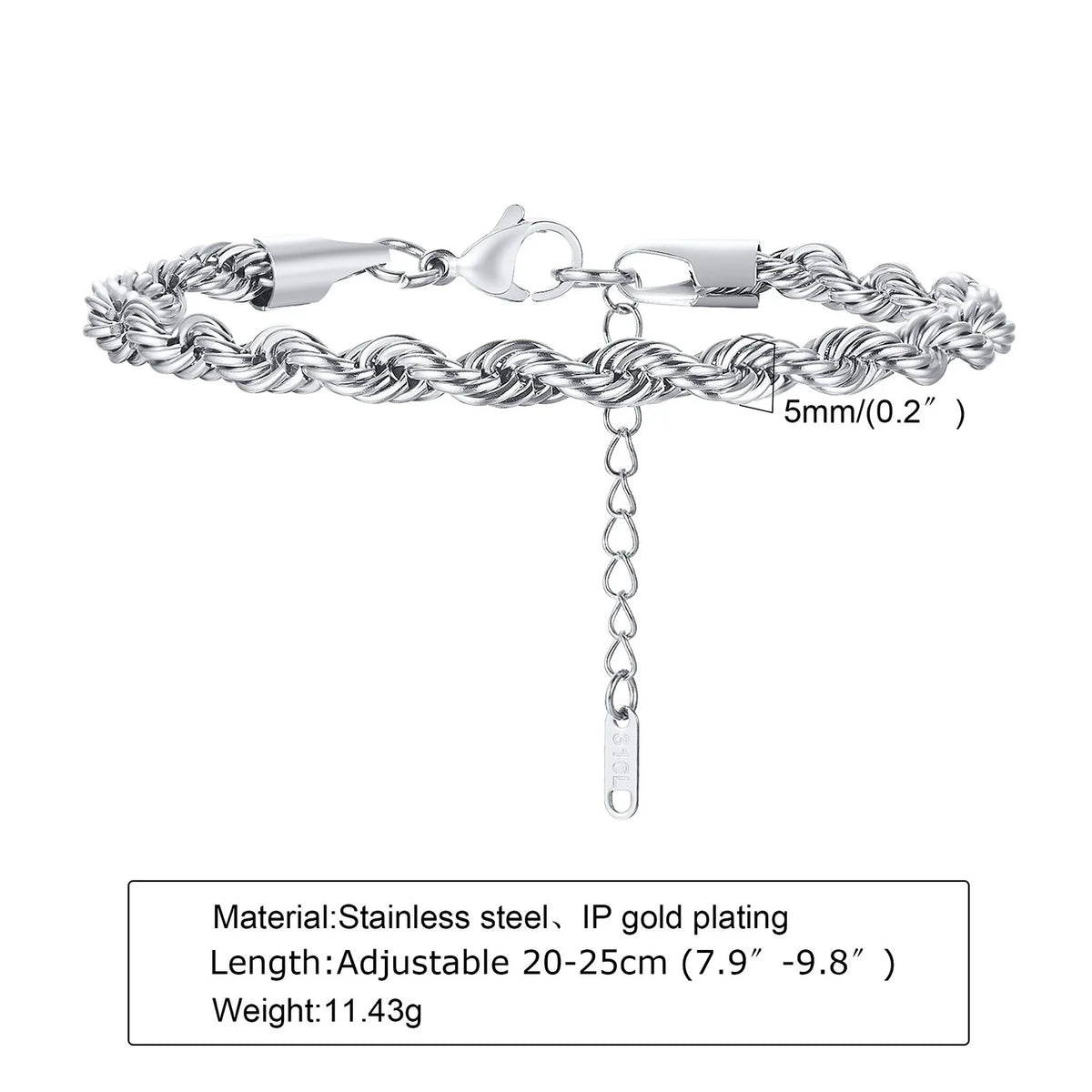 2/3/4/5mm Twist Rope Chain Bracelet for Men Women,Casual Stainless Steel Adjustable Chain Wristband,Gold/Siver Color Chain