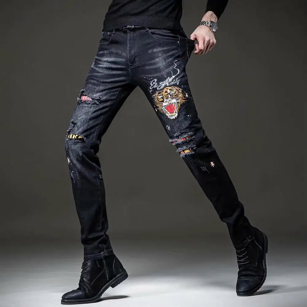 Luxury Casual Pants for Men 2023 New Summer Korean Designer Men's Jeans Slim Tiger Embroidered Harajuku Fashion Casual Trousers
