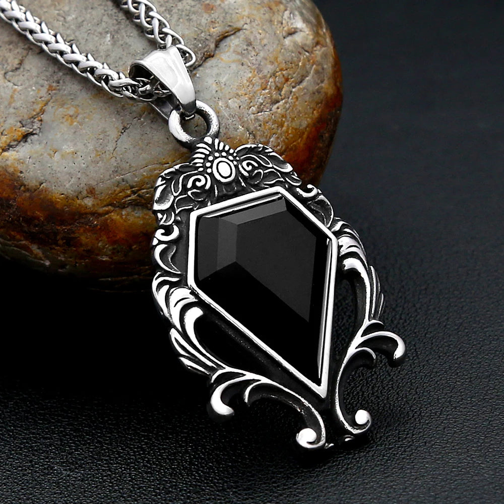 PENDRA Blackstone Vintage Stainless Steel Black Stone Necklace