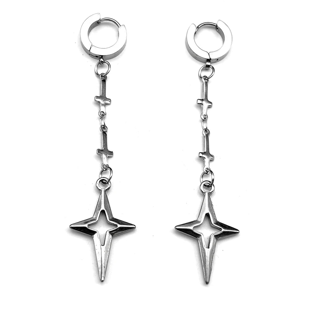 Punk Star Cross Earrings For Women Korean Y2K  Rock Grim Stainless Steel Silver Color Hollow Drop Ear Hooks Jewelry Accessories
