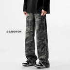 Camouflage Tooling Jeans Autumn New High Street Retro Loose Straight Wide Leg Baggy Trousers Cargo Pants Men Low Rise Jeans