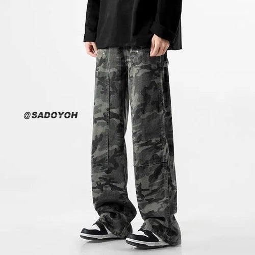 PENDRA Camouflage Tooling Straight Wide Baggy Cargo Low-Rise Jeans