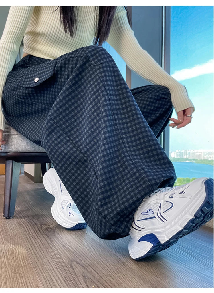 American style woolen plaid cargo pants women's autumn winter new plush casual versatile loose machete wide leg pants
