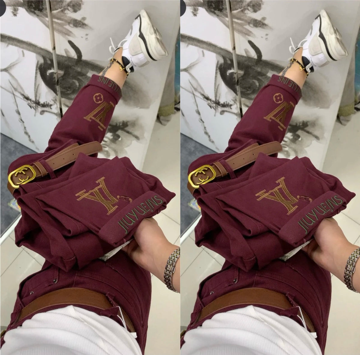 PENDRA Letter Embroidery High Waist Straight Jeans