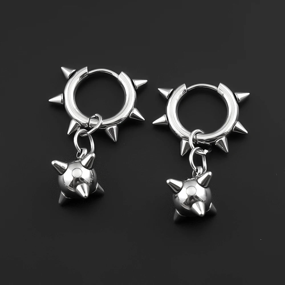 Gothic Spiky Sphere Drop Earrings Stainless Steel Spike Ball Dangle Huggie Hoops Dark Street Emo Piercing Decor Jewelry Gift