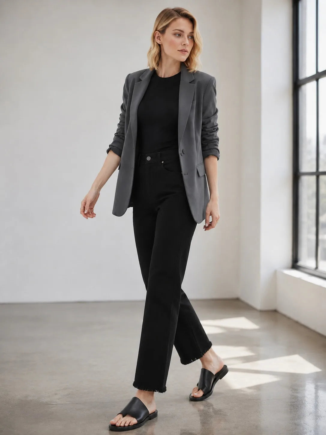 New Women's High-Quality Raw Edge Hem Slim Fit Straight Leg Jeans, Multi-Pocket, Button Design, Women's Jeans & Apparel