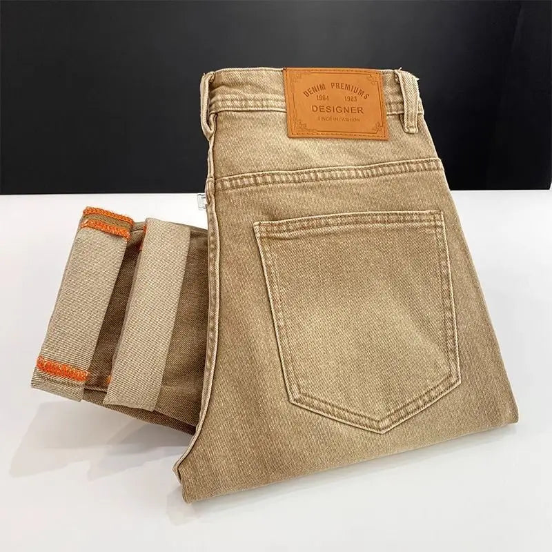 High-end 2026 Luxury Brand Clothes Khaki Jeans Men's Light Luxury Washed Casual Elastic Slim Small Feet Embroidered Long Pants