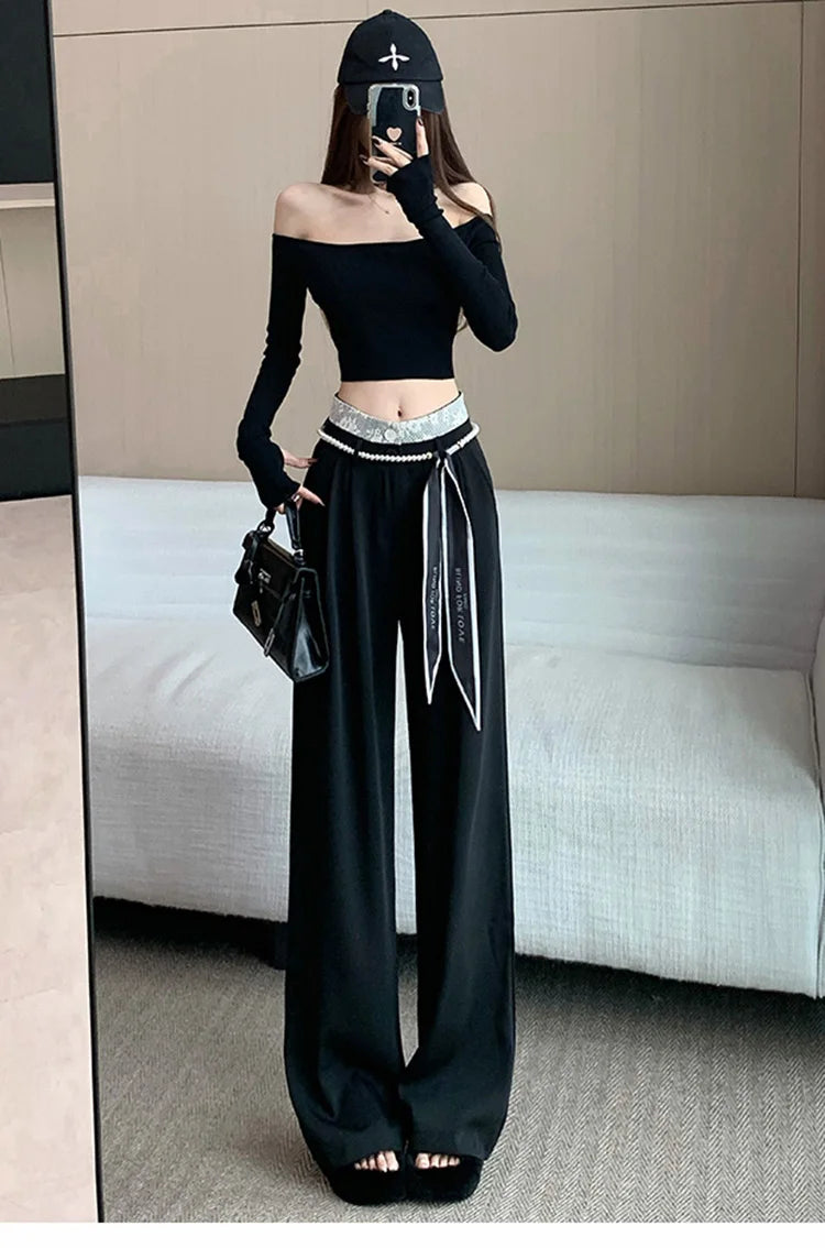 PENDRA Lace Panel High Waist Wide Leg Suit Pants