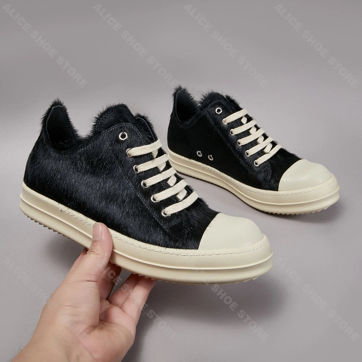 PENDRA Dark Fur Black Horsehair Leather Low-Top Lace-Up Thick-Sole Sneakers