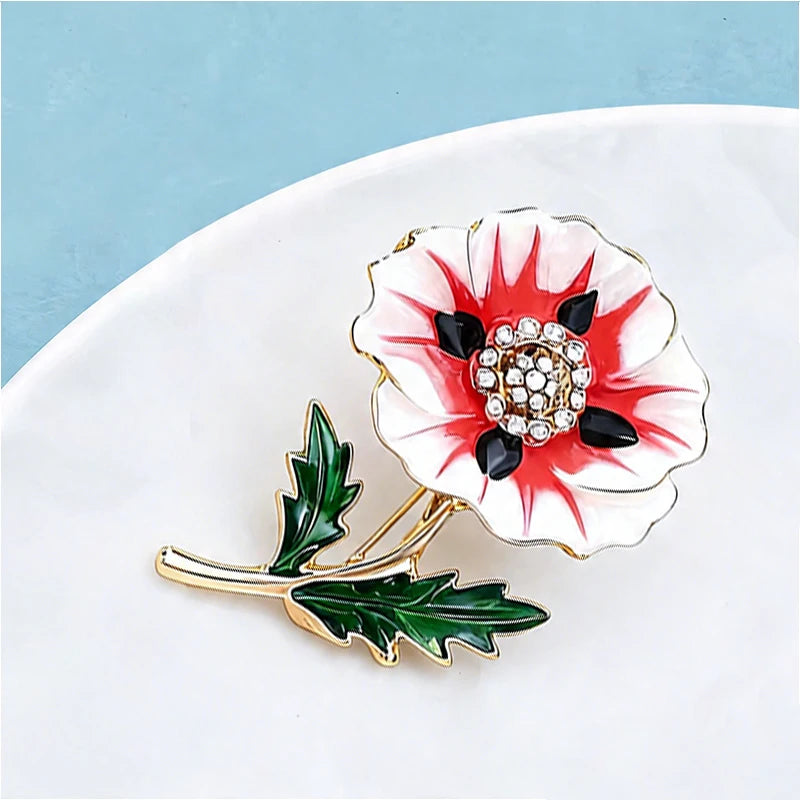 PENDRA Poppy Bloom Enamel Floral Brooch
