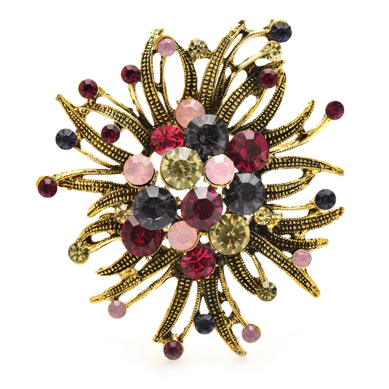 PENDRA Floracircle Vintage Rhinestone Round Flower Brooch