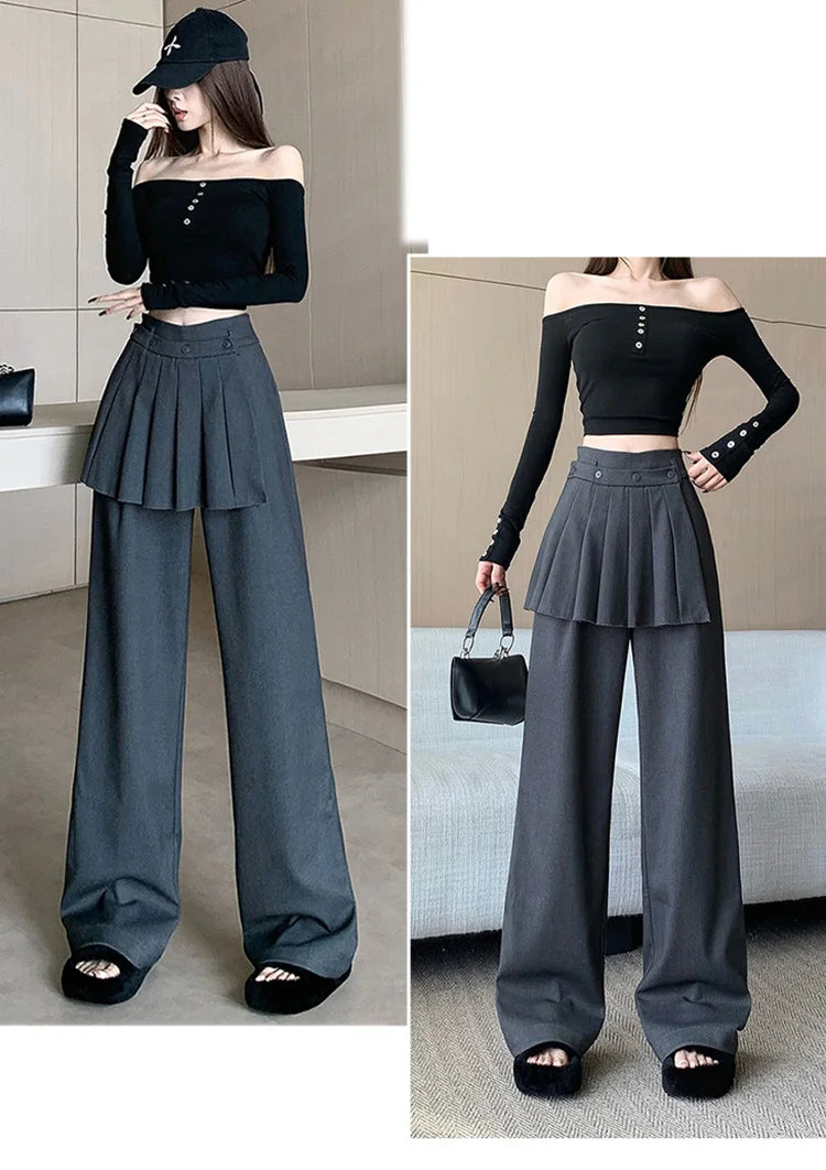 Suit wide leg pants skirt women's autumn design sense fake two piece pleated skirts high waisted loose floor length pants