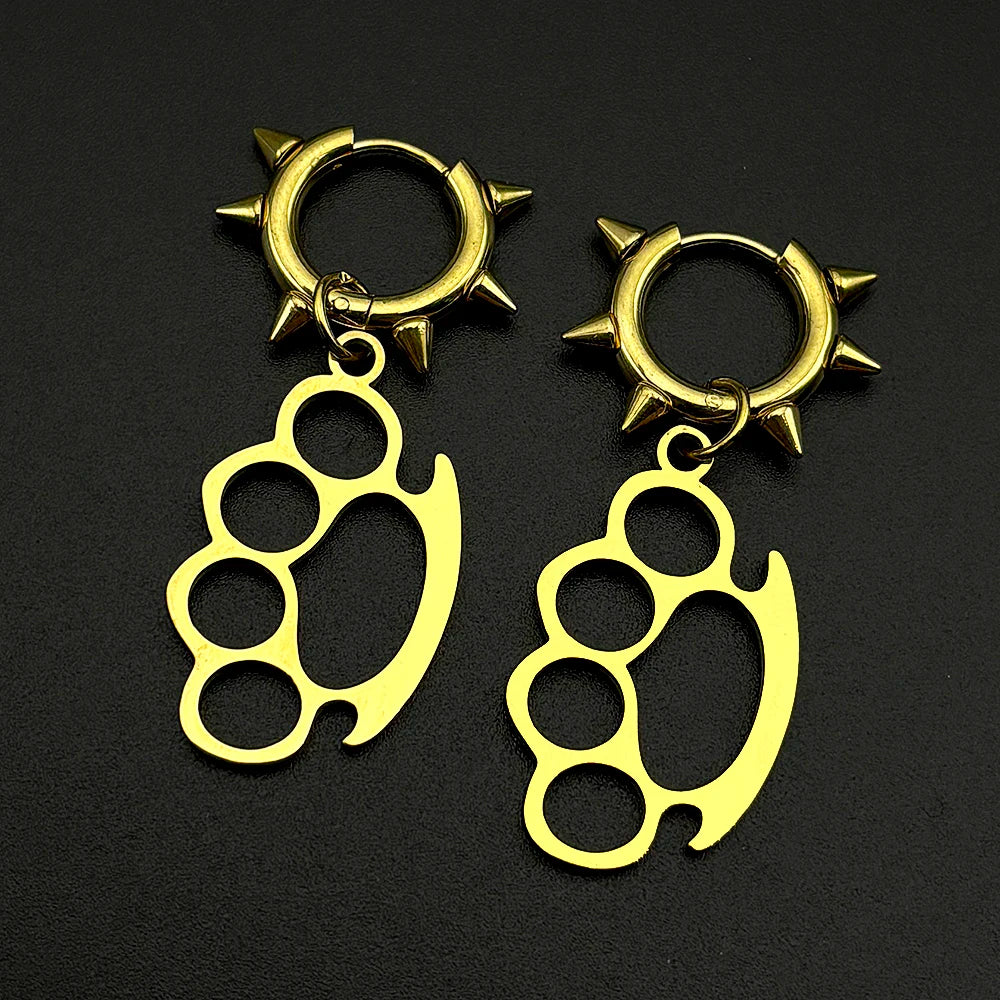 Brass Knuckles Dangle Earrings Punk Gothic Stainless Steel Earring Rivet Spike Hook Style For Edgy Streetwear Jewelry Gifts