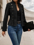 Double breasted solid color casual jacket, elegant long sleeved jacket, suitable for spring and autumn seasons
