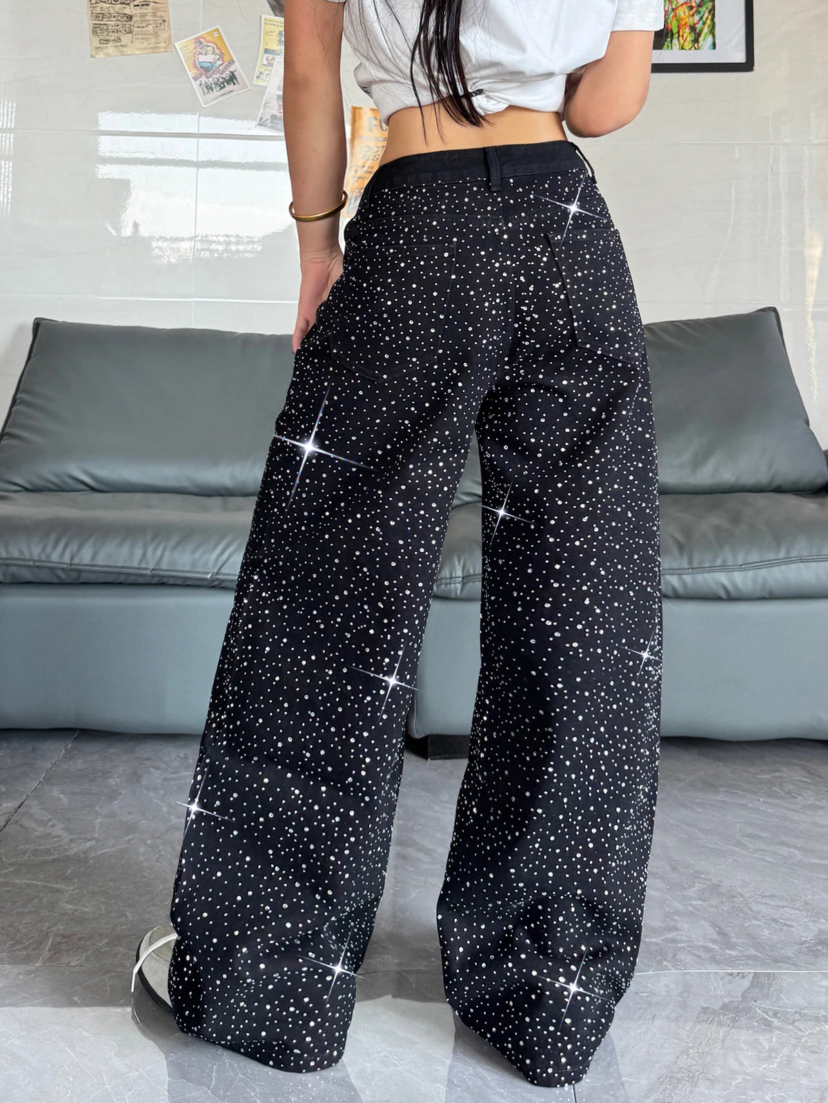 Women's American Retro Washed Niche Design Hot Diamond Black High-Waisted Jeans, Casual, Loose And Versatile Wide-Leg Pants, Trendy Straight Trousers