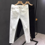 Man Luxury Clothing Men's White Ripped Jeans Spring Summer Slim Skinny Pants Korean Trendy Stretch Casual Fashion Cropped Pants