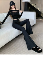 High end black micro flared pants women's autumn and winter fashion design high waisted casual slim and versatile pants