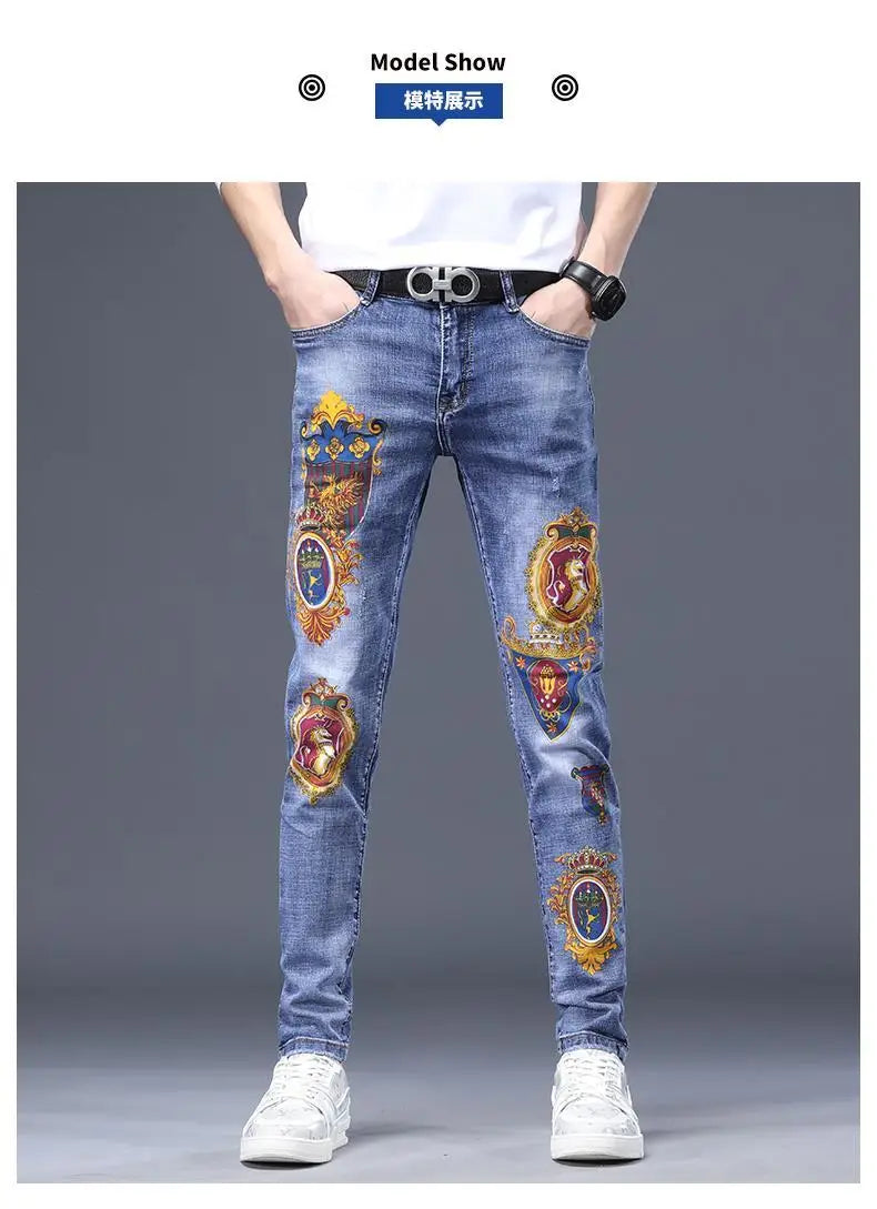 Spring Autumn Harajuku Fashion Art Craft Graphical Paintings 2000s Streetwear Male Slim Boyfriend Stylish Pants Denim Jeans Men