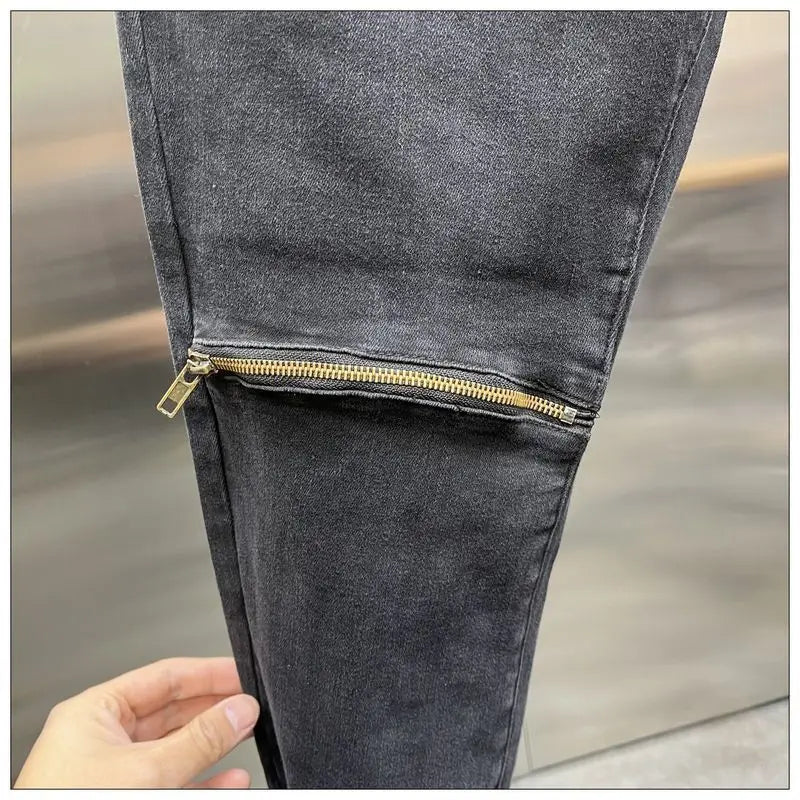 New Arrival Spring Autumn Casual Denim Slim Fit Jeans for Men with Knee Zipper Eye Designer and Vintage Black Jeans Men's Luxury