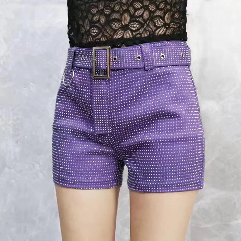 Rhinestone Shorts Women Wide Leg Shorts High Waist Sexy New Fashion Elastic Waist Diamond Casual Hot Pants Female belt