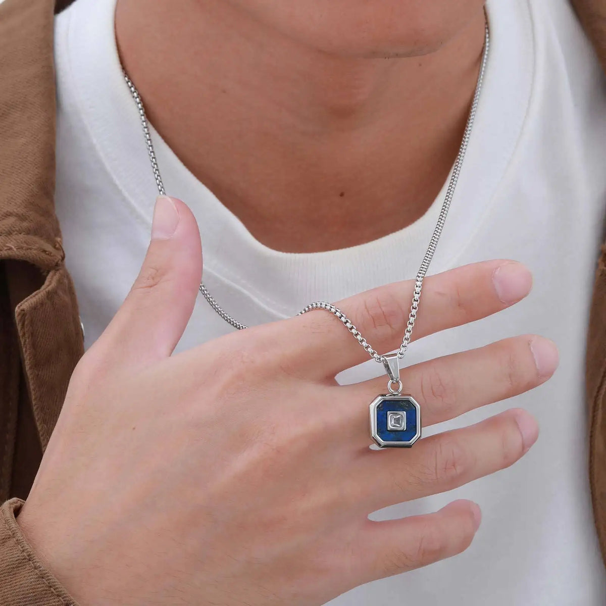 Stylish Square Pendant Necklaces for Men,Small Geometric Natural Stone Stainless Steel Pendant,Center Zircon Collars Gift