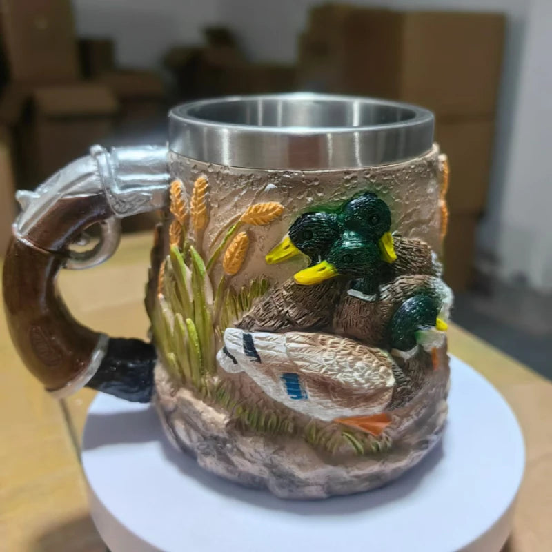 3D Embossed Duck Hunting Mug - Stainless Steel, Pistol Grip Handle, Vintage Outdoor Coffee Cup for Hunters & Wildlife Lovers