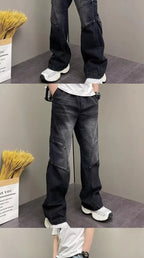 PENDRA Drawstring Elastic Waist Harlan Straight Black Cargo Hombre Jeans