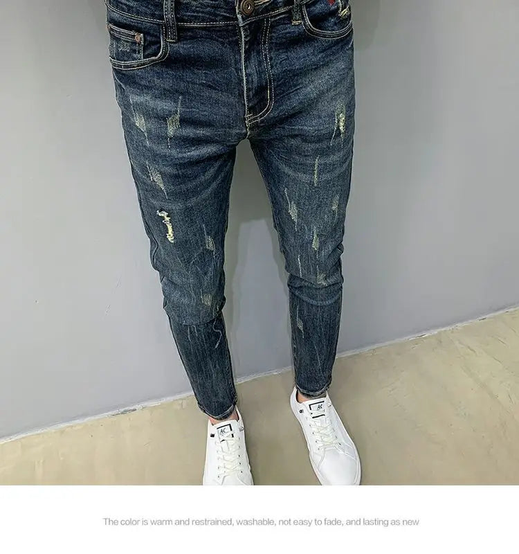 Harajuku Fashion Autumn New Blue Jeans Men's Trendy Brand Scratches Cargo Work Korean Slim-fitting Trousers Luxury Elastic Pants