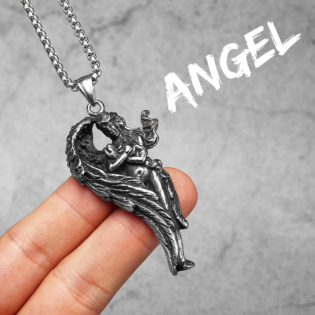 Angel Wing Pray Amulet Stainless Steel Men Necklaces Pendant Chain Punk New in For Couple Women Fashion Jewelry Gifts Wholesale