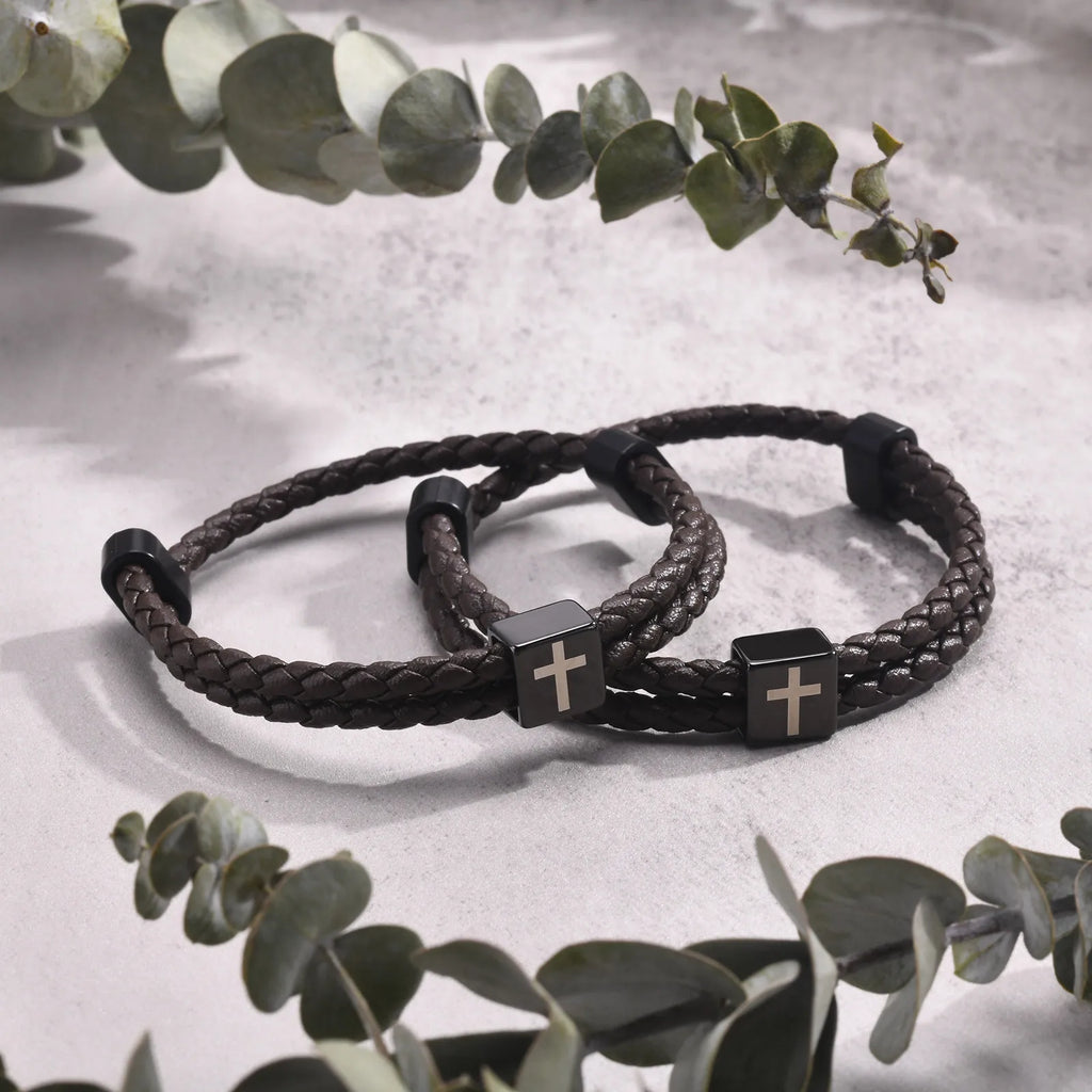 Mens Microfiber Leather Bracelet,Black Adjustable Cross Symbol Rope Wristband,Religious Faith Christ Gift Jewelry