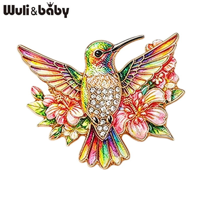 PENDRA Floral Hummingbird Rhinestone Brooch