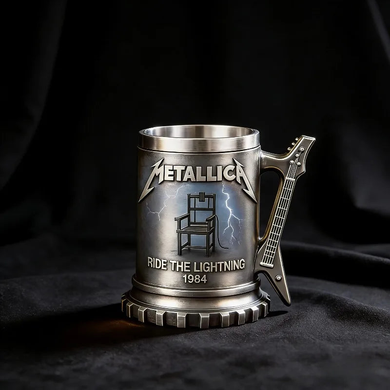 JingMetallica Ride The Lightning 1984 Collectible Mug, Guitar Handle Stainless Steel Lined Beer Stein, Heavy Metal Rock Fan Gift