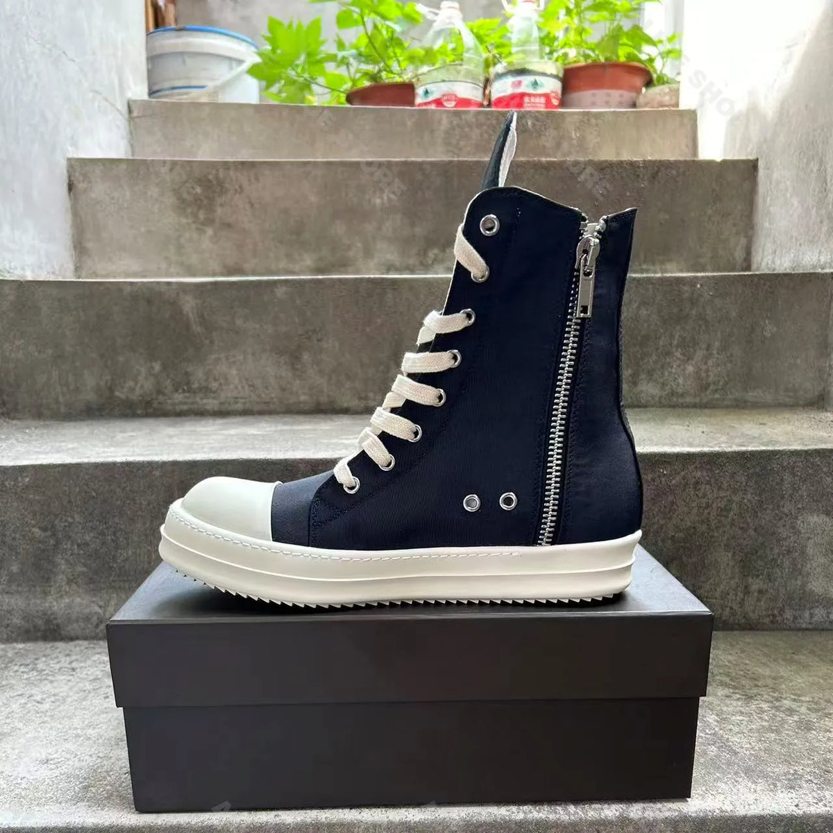 PENDRA Satin Eclipse Black Canvas High-Top Zip Lace-Up Platform Shoes