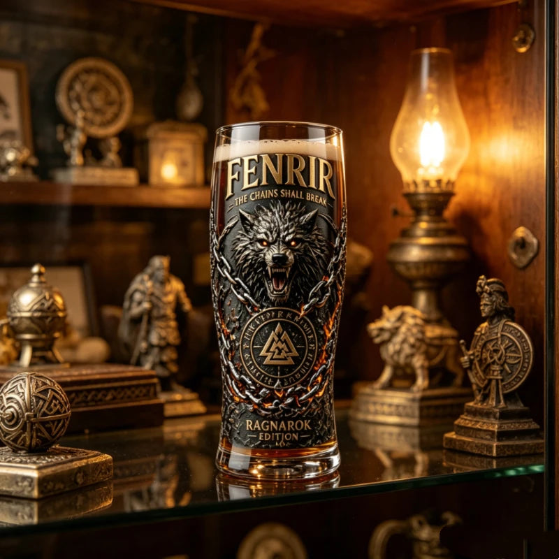 Fenrir Wolf Viking Myth Glass Mug, Norse Symbol Whiskey Cocktail Cup, Barware for Party Beer Water Decor