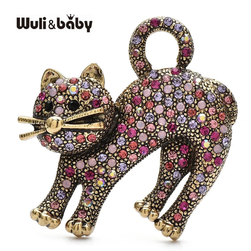 Wuli&baby Vintage Rhinestone Cat Brooches For Women 4-color Shining High Quality Pets Animal Party Office Brooch Pins Gifts