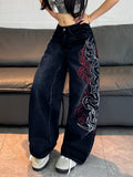 American Retro Two-Color Totem Embroidered Women's Loose Wide-Leg Jeans Y2K Trendy Street Fashion Versatile High-Waisted Trousers