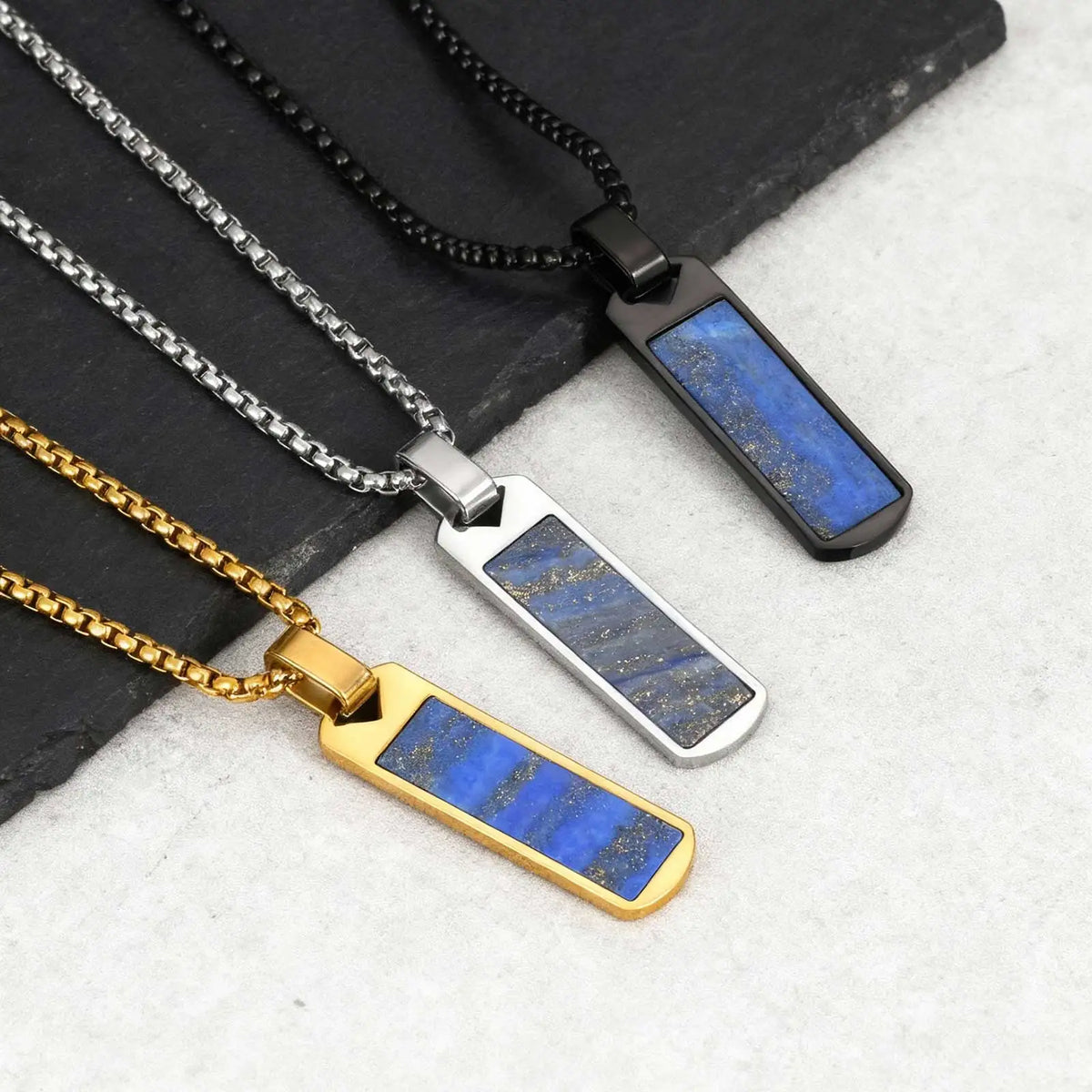 Lapis Lazuli Rectangular Pendant Necklace for Men,Stainless Steel Blue Natural Stone Pendant,Dainty Male  Jewelry Gift